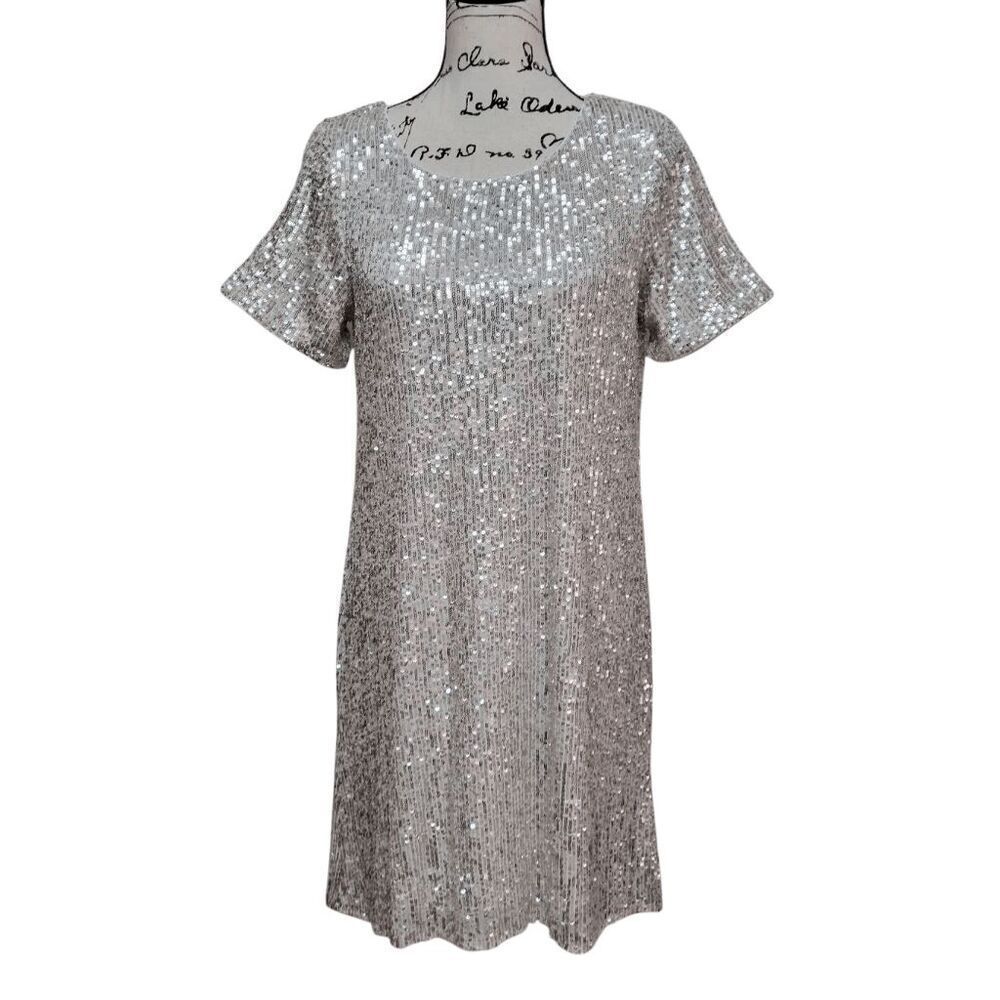 CeCe Sparkling Silver Sequin Cocktail Short Sleeves Comfy Dress SIZE M